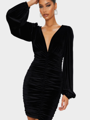 Black Velvet Ruched Balloon Sleeve Plunge...