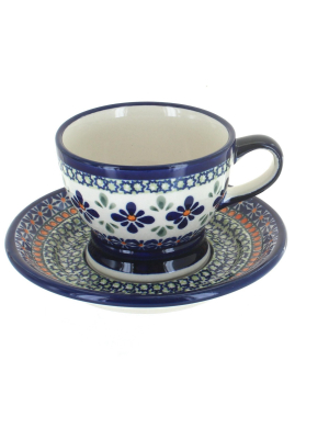 Blue Rose Polish Pottery Mosaic Flower Pedestal Cup & Saucer