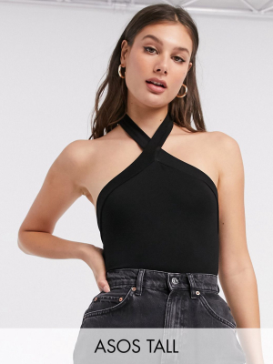 Asos Design Tall Halterneck Bodysuit With Cross Front In Black