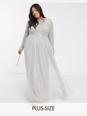 Maya Plus Bridesmaid Long Sleeve V Back Maxi Tulle Dress With Tonal Delicate Sequin Overlay In Silver