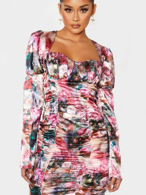 Multi Satin Renaissance Print Ruched Bodycon Dress