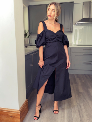 Black Taffeta Bardot Midi Dress