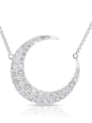 14kt White Gold Diamond Moon With Diamond Chain Necklace