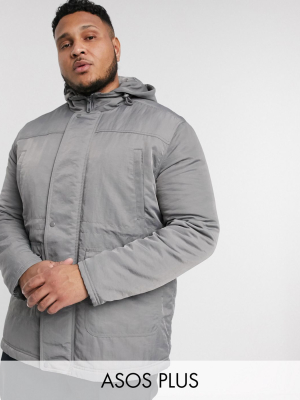 Asos Design Plus Hooded Jacket In Gray