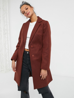 New Look Belted Tailored Coat In Dark Rust