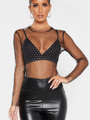 Black Mesh Diamante Long Top