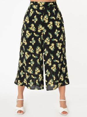 Unique Vintage Black & Lemon Print Wide Leg Sicily Pants