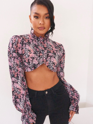 Black Ditsy Printed High Neck Curve Hem Crop Top