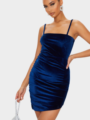 Cobalt Velvet Ruched Side Strappy Bodycon Dress