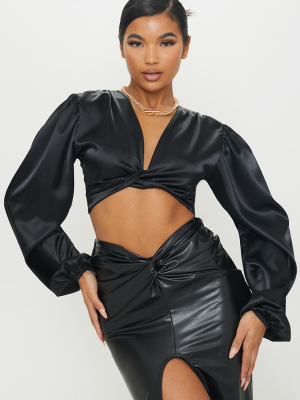 Black Satin Twist Front Cropped Blouse