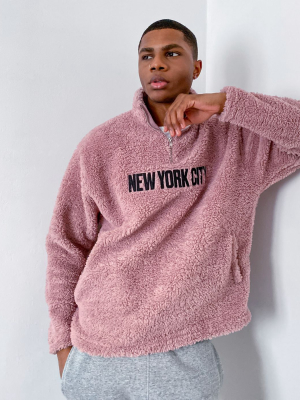 Asos Design Oversized Half Zip Sweatshirt In Dusty Pink Teddy Borg With Nyc Embroidery