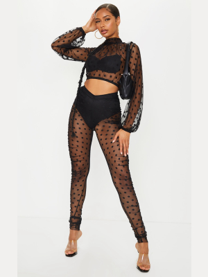 Black Polka Dot Mesh V Front Ruched Leggings