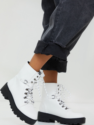 White Soft Touch Pu Chunky Hiker Laces Boots