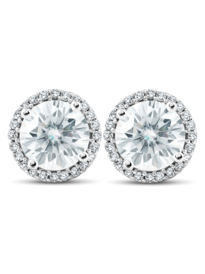 Pompeii3 2 1/5 Ct Diamond Halo Moissanite Studs 10k White Gold