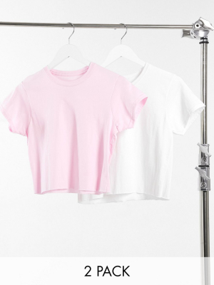 Daisy Street 2 Pack Raw Hem Cropped T-shirt White & Baby Pink