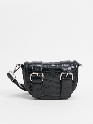 Asos Design Cross Body Saddle Bag In Black Croc With Buckle Straps