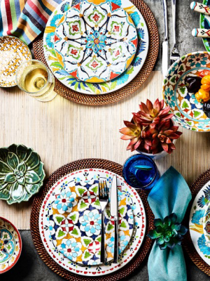 Iznik Tile Outdoor Melamine Dinner Plates, Blue & Green Floral