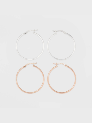 Two Tone Sterling Silver Hoop Fine Jewelry Earring Set 2pc - A New Day™ Silver/rose Gold