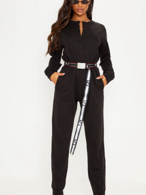 Black Button Up Loop Back Jumpsuit