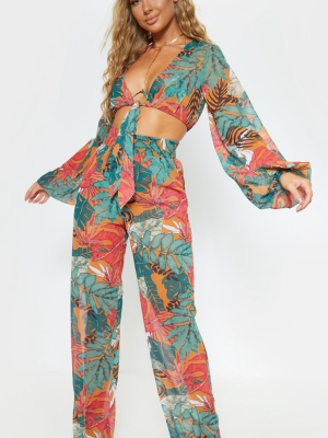 Orange Big Leaf Wide Leg Beach Pants