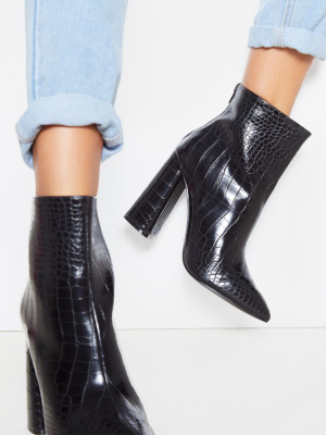 Black Croc Wide Fit Block Heel High Ankle Boot