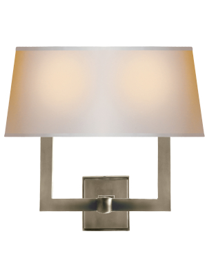 Square Tube Double Sconce In Antique Nickel With Natural Paper Single Shade