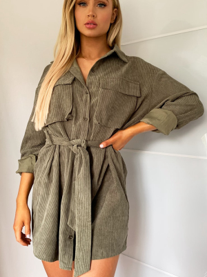 Khaki Cord Zip Detail Tie Waist Shirt Dress