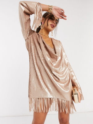 Asos Design All Over Sequin Cowl Neck Mini Shift Dress With Fringe Hem In Pink