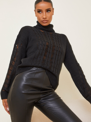 Black Distressed Roll Neck Knitted Sweater