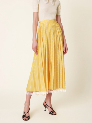 Lace-trimmed Pleated Polka-dot Crepe Midi Skirt