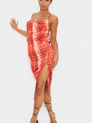 Orange Tie Dye Print Satin Strappy Back Detail...