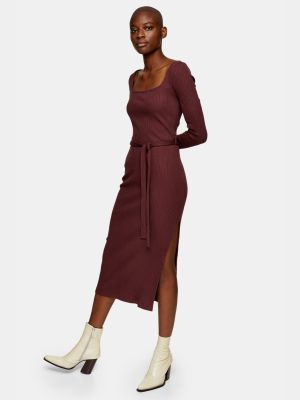 Burgundy Jersey Ribbed Belted Midi Dress