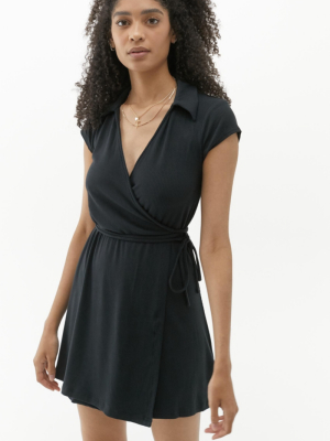 Uo Ribbed Collar Wrap Mini Dress