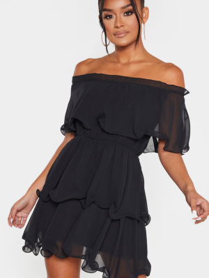 PrettyLittleThing Black Chiffon Bardot Ruffle Tiered Dress - Autumn