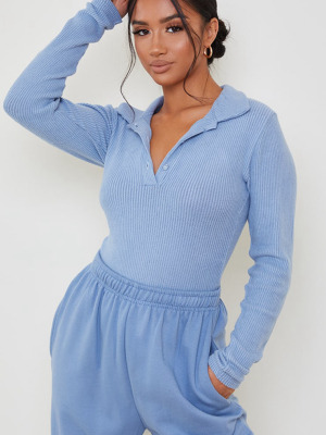 Petite Steel Blue Brushed Rib Polo Bodysuit