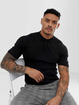 Asos Design Knitted Muscle Fit Polo Shirt In Black