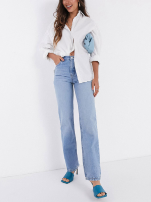 Asos Design Mid Rise '90's' Straight Leg Jeans In Midwash
