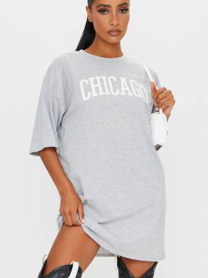 Grey Chicago Slogan Oversized T Shirt Dress