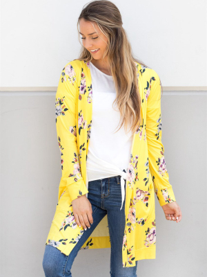 Floral Long Sleeve Cardigan - Yellow