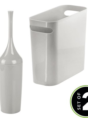 Mdesign 2 Piece Plastic Bathroom Trash Can, Toilet Bowl Brush Set - Light Gray