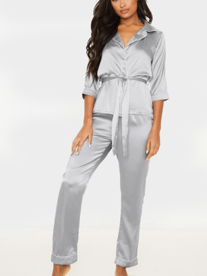 Grey Satin Wrap Kimono Pj Set