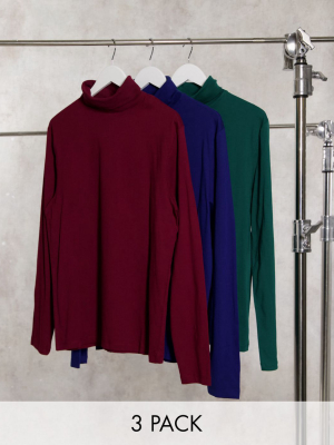 Asos Design Long Sleeve Jersey Roll Neck 3 Pack