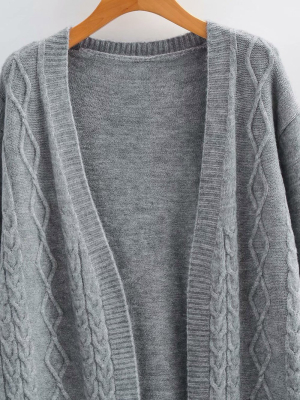 'yvonne' Twisted Pattern Pockets Grey Mid Length Open Cardigan