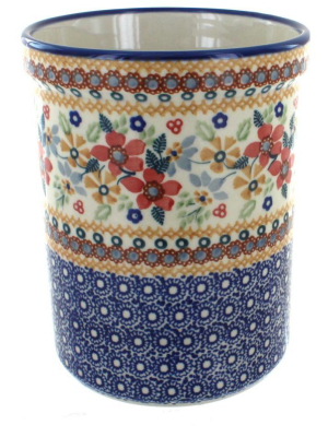 Blue Rose Polish Pottery Red Daisy Utensil Jar