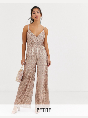 Little Mistress Petite Sequin Jumpsuit In Mink