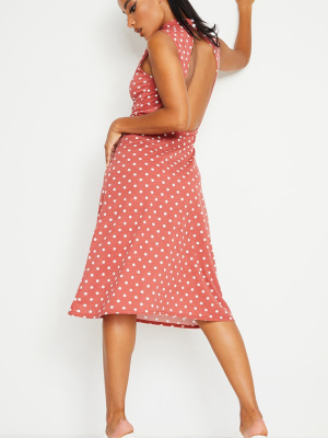 Terracotta Polka Dot Print Open Back Detail...