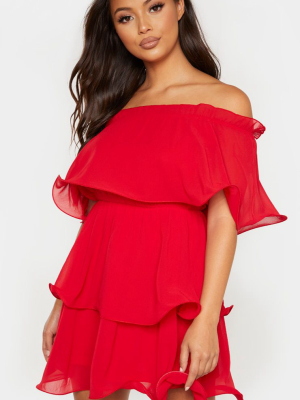 Petite Red Chiffon Bardot Ruffle Tiered Dress