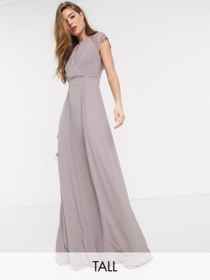 Tfnc Tall Bridesmaid Lace Sleeve Maxi Dress In Gray