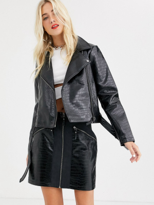 Noisy May Snake Skin Faux Leather Biker Jacket In Black