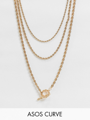 Asos Design Curve Multirow Necklace With Rope Chain And T Bar In Gold Tone